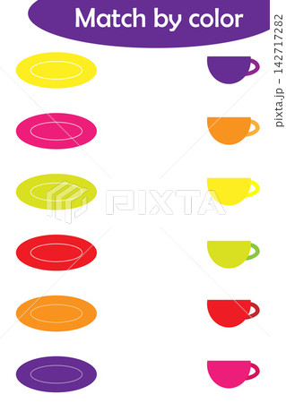 Matching game for children, connect colorful plates with same color caps, preschool worksheet activity for kids, task for the development of logical thinking, vector illustration Matching game for children, connect colorful plates with same color caps, preschool worksheet activity for kids, task for the development of logical thinking, vector illustration 142717282