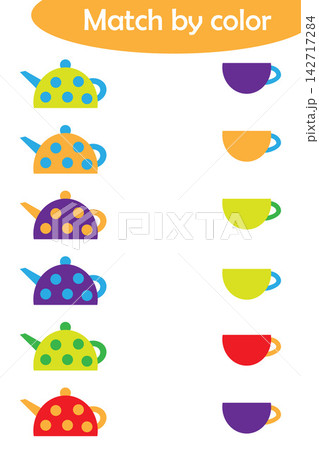 Matching game for children, connect colorful kettles with same color caps, preschool worksheet activity for kids, task for the development of logical thinking, vector illustration 142717284
