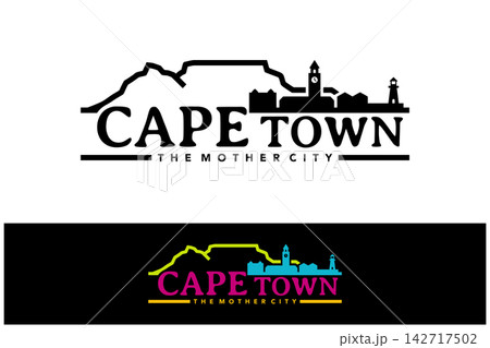 Cape town skyline silhouette logo featuring table mountain and clock tower for tourism branding projects. 142717502