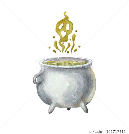 Magical Halloween cauldron with green ghost-shaped smoke. Watercolor illustration for spooky scenes, posters, cards, invitations and seasonal designs 142717511