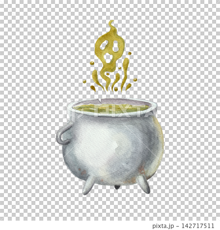 Magical Halloween cauldron with green ghost-shaped smoke. Watercolor illustration for spooky scenes, posters, cards, invitations and seasonal designs 142717511