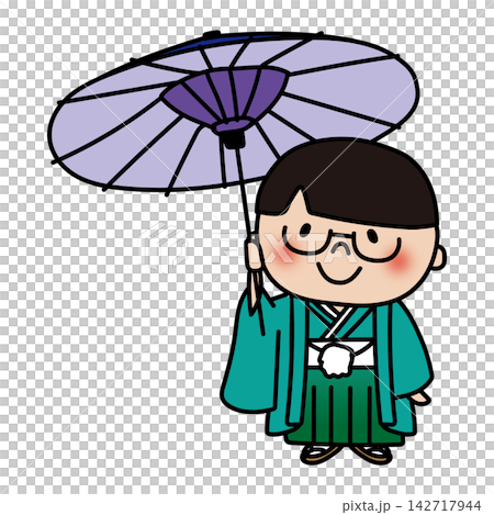 七五三で和傘をさしている眼鏡を掛けたサラサラヘアの子供(男の子) 七五三で和傘をさしている眼鏡を掛けたサラサラヘアの子供(男の子) 142717944