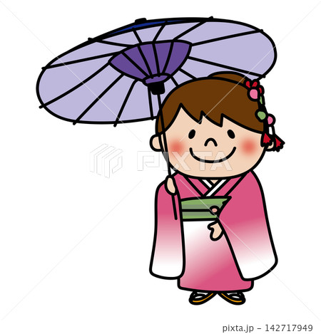 七五三で和傘をさしている元気で明るい子供（女の子） 142717949