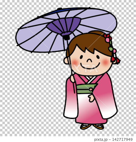 七五三で和傘をさしている元気で明るい子供（女の子） 142717949