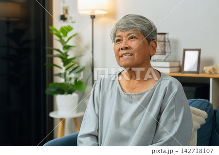 Portrait of an elderly Asian woman relaxing on a couch in her living room at home. 142718107