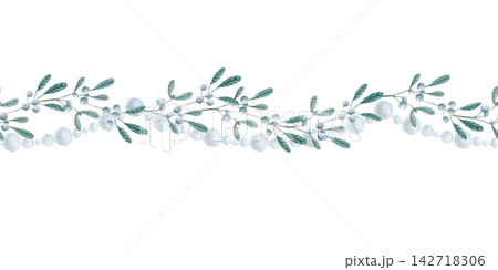 Seamless watercolor border with mistletoe berries, green leafy branches and pearl beads. Hand drawn isolated botanical garland for stationery, invitations, packaging, greeting cards, seasonal design. 142718306