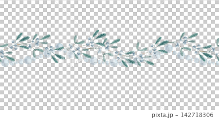 Seamless watercolor border with mistletoe berries, green leafy branches and pearl beads. Hand drawn isolated botanical garland for stationery, invitations, packaging, greeting cards, seasonal design. 142718306