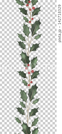 Christmas ilex branches with red berries. Seamless border with Emerald holly leaves. Botanical Winterberry. Hand painted watercolor illustration for wedding invitation, pack, Christmas card Christmas ilex branches with red berries. Seamless border with Emerald holly leaves. Botanical Winterberry. Hand painted watercolor illustration for wedding invitation, pack, Christmas card 142718329