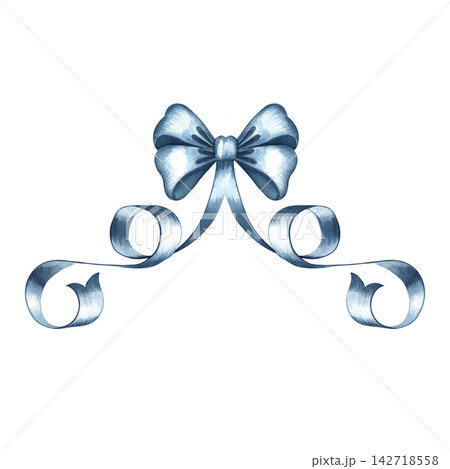 A blue bow made of ribbon. Hand drawn watercolor illustration. A versatile element for designing invitations, greetings, postcards, labels and packaging, holiday decor, and much more. A blue bow made of ribbon. Hand drawn watercolor illustration. A versatile element for designing invitations, greetings, postcards, labels and packaging, holiday decor, and much more. 142718558