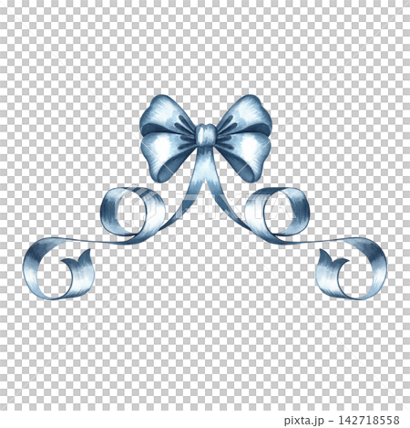A blue bow made of ribbon. Hand drawn watercolor illustration. A versatile element for designing invitations, greetings, postcards, labels and packaging, holiday decor, and much more. A blue bow made of ribbon. Hand drawn watercolor illustration. A versatile element for designing invitations, greetings, postcards, labels and packaging, holiday decor, and much more. 142718558