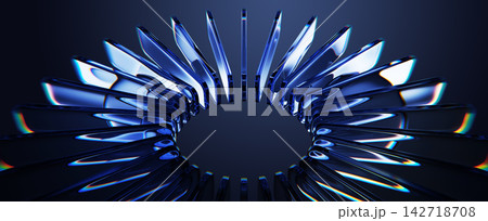 Radial glass circle lines pattern in perspective. Graphic circular array of transparent blue plates with dispersion effect. Abstract glow neon light crystal ring on dark 3d background. 3D illustration 142718708