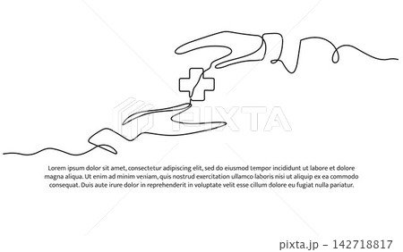 Single line hand with healthcare symbol. Minimalist continuous line. Single line hand with healthcare symbol. Minimalist continuous line. 142718817
