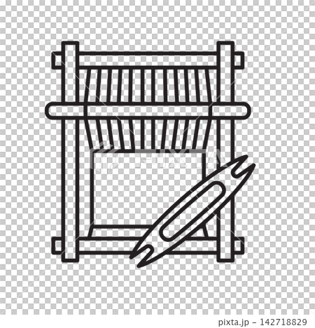 Detailed line art icon of a wooden frame loom with shuttle used for tapestry weaving. Detailed line art icon of a wooden frame loom with shuttle used for tapestry weaving. 142718829