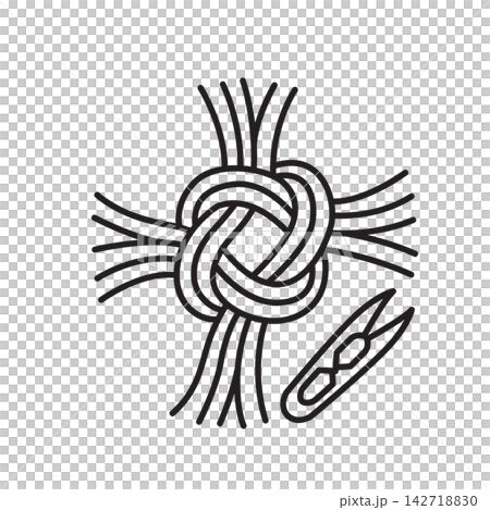 Minimalist line icon of a woven Celtic cord knot with a wooden clip for macrame crafting. Minimalist line icon of a woven Celtic cord knot with a wooden clip for macrame crafting. 142718830