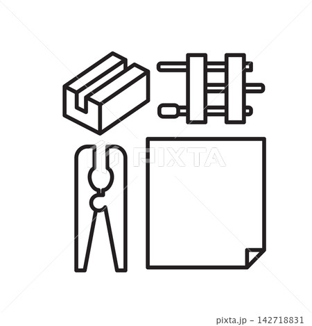 Simple line icon showing a bookbinding punching cradle, clamp, bone folder, and paper sheet.
Simple line icon showing a bookbinding punching cradle, clamp, bone folder, and paper sheet.
142718831