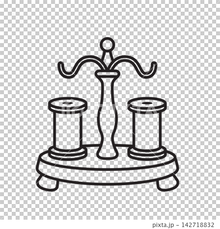 Detailed line icon of a wooden carousel stand holding thread spools and bobbins. Detailed line icon of a wooden carousel stand holding thread spools and bobbins. 142718832