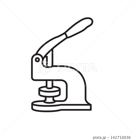 Line art icon of a manual desktop grommet press machine used for setting eyelets in fabric and leather. Line art icon of a manual desktop grommet press machine used for setting eyelets in fabric and leather. 142718836