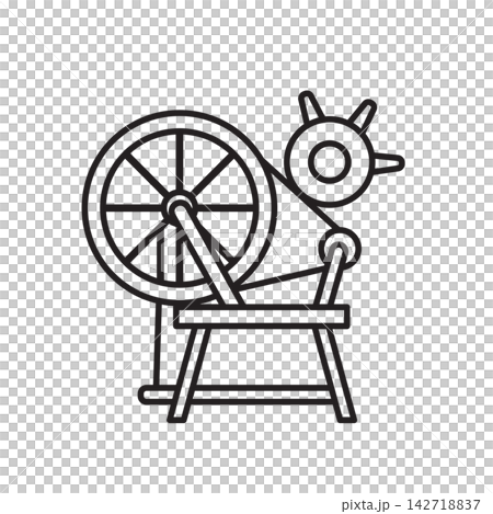Detailed line art icon of a classic wooden spinning wheel for spinning yarn from raw fiber. 142718837