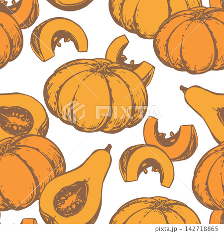 Vector background whole orange pumpkins and slices. Seamless pattern in an engraving style. Hand drawn illustration of autumn gourd. Vintage element for Thanksgiving and Halloween. Linear ink drawing. Vector background whole orange pumpkins and slices. Seamless pattern in an engraving style. Hand drawn illustration of autumn gourd. Vintage element for Thanksgiving and Halloween. Linear ink drawing. 142718865