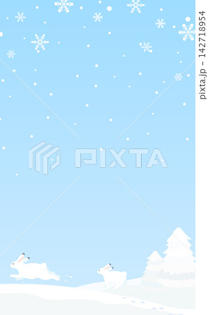 うさぎが走る雪の降る雪景色のフレーム_縦 142718954