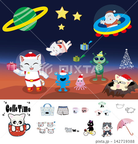 宇宙のクリスマスと猫キャラクターのイラストセット／サンタ・猫・宇宙人・ポップ・素材 142719388
