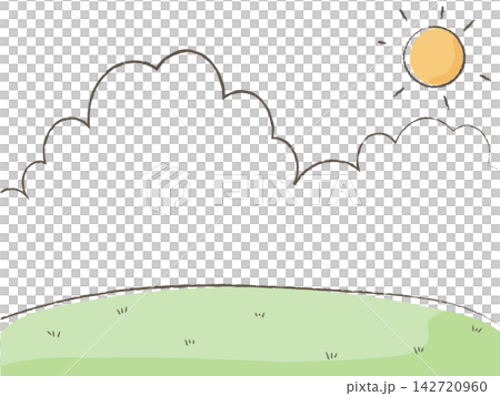A simple background illustration with a hand-drawn style sun, clouds, and grass. A simple background illustration with a hand-drawn style sun, clouds, and grass. 142720960