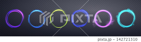 Glowing colorful magic rings. Neon realistic energy flare halo rings collection. Abstract light effect on a dark transparent background. Vector illustration. Glowing colorful magic rings. Neon realistic energy flare halo rings collection. Abstract light effect on a dark transparent background. Vector illustration. 142721310
