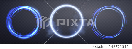 Glowing blue magic rings. Neon realistic energy flare halo rings. Abstract light effect on a dark transparent background. Vector illustration. Glowing blue magic rings. Neon realistic energy flare halo rings. Abstract light effect on a dark transparent background. Vector illustration. 142721312