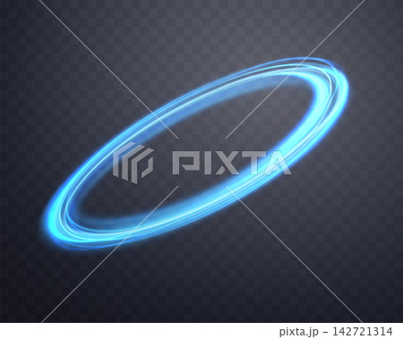 Glowing blue magic rings. Dynamic orbital flare halo ring. Neon realistic energy swoosh swirl. Abstract light effect on a dark transparent background. Vector illustration. 142721314