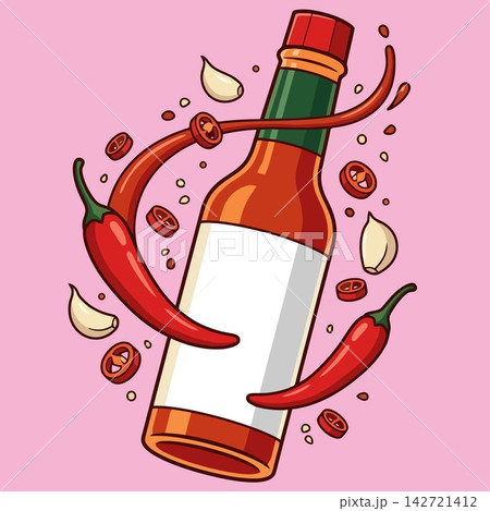 Hot Sauce Bottle Surrounded by Chili Peppers and Garlic Illustrations Hot Sauce Bottle Surrounded by Chili Peppers and Garlic Illustrations 142721412