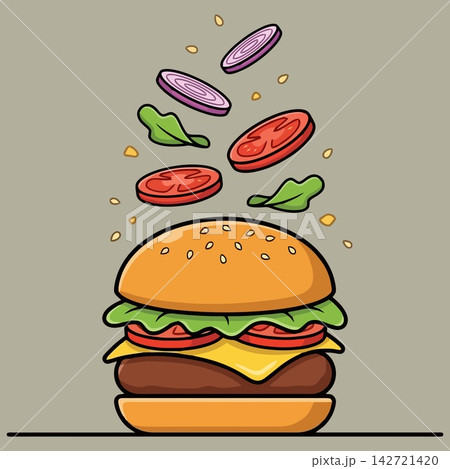 Burger Ingredients Floating Above Delicious Fast Food Meal Burger Ingredients Floating Above Delicious Fast Food Meal 142721420