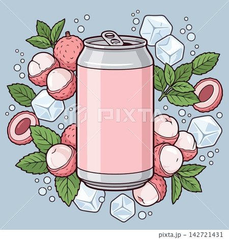Lychee Beverage Can Surrounded by Fresh Fruit Mint and Ice Cubes 142721431