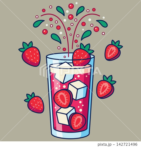 Strawberry Cocktail Splash with Ice Cubes and Floating Fruit Art 142721496