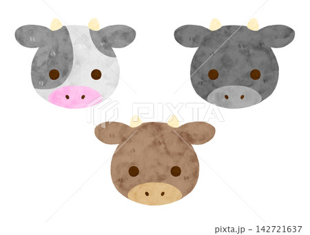 手描き 水彩 かわいい 牛 黒 茶 白 イラスト セット 角あり デフォルメ 素材 白背景 手描き 水彩 かわいい 牛 黒 茶 白 イラスト セット 角あり デフォルメ 素材 白背景 142721637