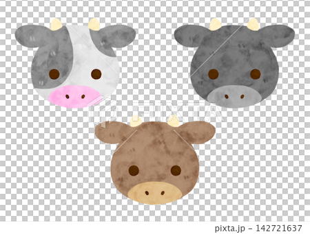 Hand-drawn watercolor cute cow illustration set (black, brown, white) with horns, stylized, white background. 142721637
