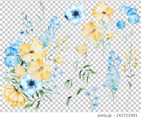 Floral clipart bouquet with blue and yellow watercolor wildflower, isolated wedding illustration Floral clipart bouquet with blue and yellow watercolor wildflower, isolated wedding illustration 142721991