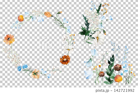 Watercolor floral clipart with blue, ivory and orange wildflowers, illustration for wedding stationery Watercolor floral clipart with blue, ivory and orange wildflowers, illustration for wedding stationery 142721992