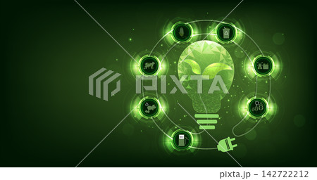 Lightbulb revealing green plant inside with eco icons for biofuel Production and Renewable Energy Concept. 142722212