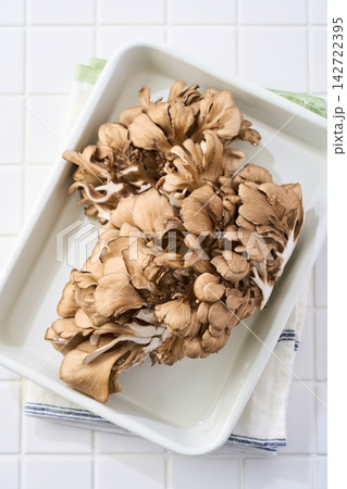 生の舞茸 下ごしらえ中のきのこ食材 生の舞茸 下ごしらえ中のきのこ食材 142722395