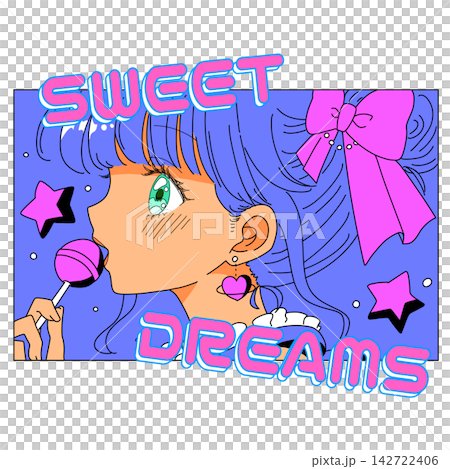 Heisei retro style, blue-haired girl with a ribbon 142722406
