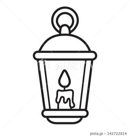 Vintage lantern outline icon with burning candle for camping lighting coloring page design. 142722814