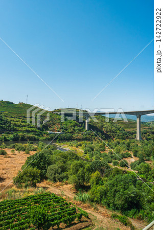 Tall concrete bridge over Tua river in Douro valley Tall concrete bridge over Tua river in Douro valley 142722922