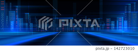 Futuristic city skyline with glowing blue building Futuristic city skyline with glowing blue building 142723010