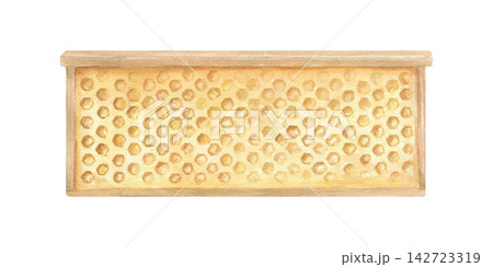 Watercolor wooden frame filled with honeycomb illustration on isolated background. Golden hexagonal cells harvest theme for honey production, apiculture posters, natural food labels. 142723319
