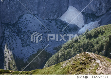 Distant Hiker Approaching Karanfili Mountain Glacier Distant Hiker Approaching Karanfili Mountain Glacier 142723874