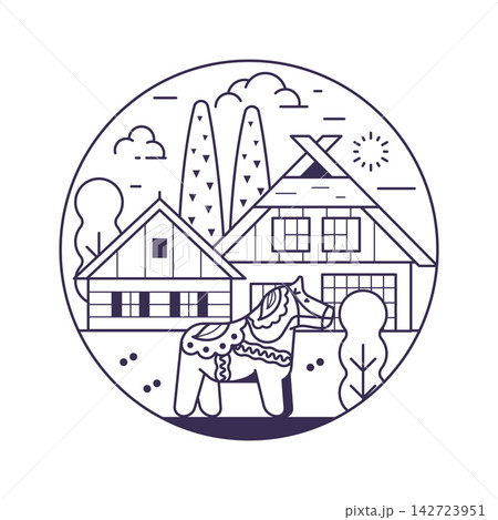 Skansen Village in Stockholm and Dala Horse Icon Skansen Village in Stockholm and Dala Horse Icon 142723951