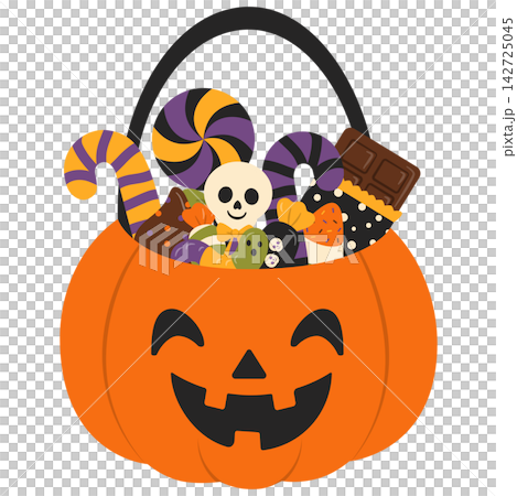 Halloween Pumpkin Bucket with Candy and Skull Illustration Halloween Pumpkin Bucket with Candy and Skull Illustration 142725045