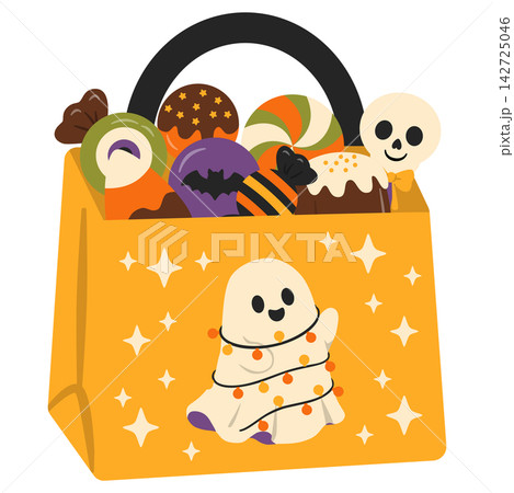 Halloween Goodie Bag Filled with Spooky Sweets, Ghost, and Skull Illustration Halloween Goodie Bag Filled with Spooky Sweets, Ghost, and Skull Illustration 142725046