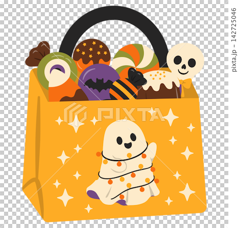 Halloween Goodie Bag Filled with Spooky Sweets, Ghost, and Skull Illustration Halloween Goodie Bag Filled with Spooky Sweets, Ghost, and Skull Illustration 142725046