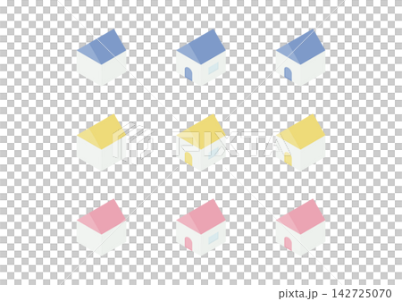 A set of simple isometric illustrations of a house with windows and doors (blue, yellow, pink). A set of simple isometric illustrations of a house with windows and doors (blue, yellow, pink). 142725070